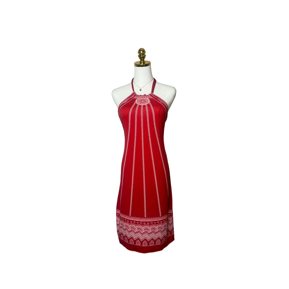 Red White Geometric Border Print Halter Neck‎ Midi Dress Open Back Sleeveless